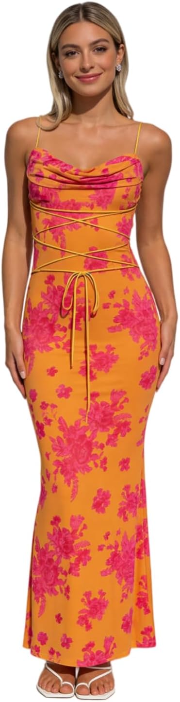 Women's Sleeveless Floral Maxi Dress Wedding Guest Dress Sexy Cowl Neck Lace Up Bodycon Dress Beach Party Dress