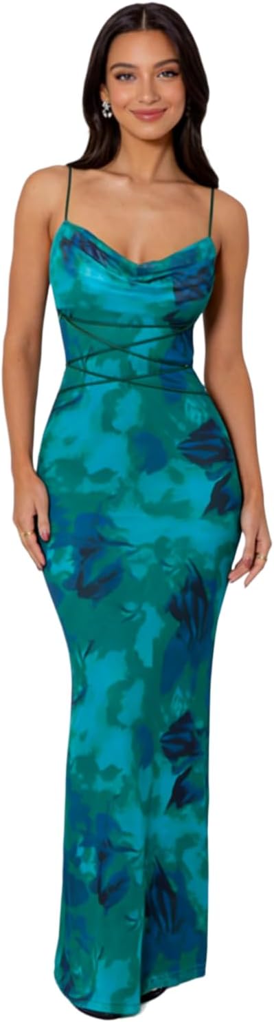 Women's Sleeveless Floral Maxi Dress Wedding Guest Dress Sexy Cowl Neck Lace Up Bodycon Dress Beach Party Dress