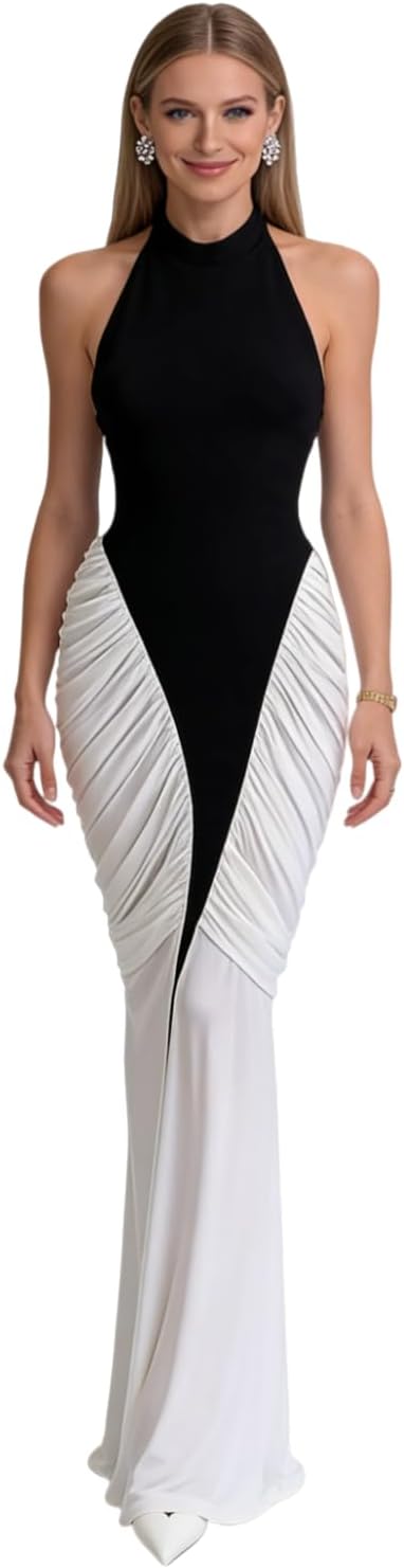 Women’s Sexy Front Slit Backless Maxi Dress Elegant Contrast Color Ruched Evening Gown Draped Formal Dresses