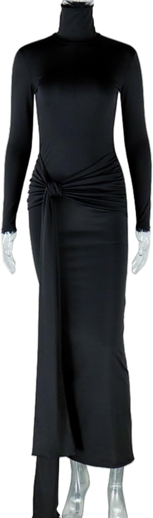 Women's Sexy High Neck Long Sleeve Maxi Dress Elegant Tie Waist Bodycon Long Dress Cocktail Party Dress