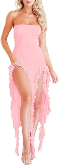 Women Summer Elegant Strapless Tube Midi Bodycon Dresses Irregular Ruffle Tassel Party Dress