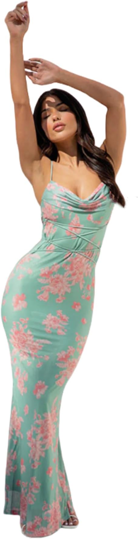 Women's Sleeveless Floral Maxi Dress Wedding Guest Dress Sexy Cowl Neck Lace Up Bodycon Dress Beach Party Dress