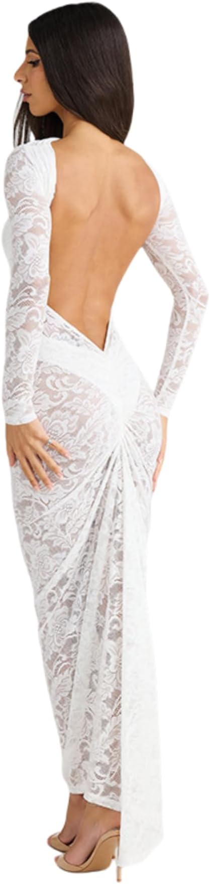 Women's See Through Lace Long Sleeve Maxi Dress Sexy Ruched Backless Bodycon Cocktail Dress Party Evening Gown