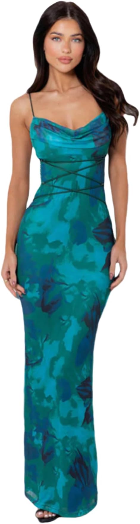 Women's Sleeveless Floral Maxi Dress Wedding Guest Dress Sexy Cowl Neck Lace Up Bodycon Dress Beach Party Dress