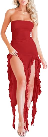 Women Summer Elegant Strapless Tube Midi Bodycon Dresses Irregular Ruffle Tassel Party Dress