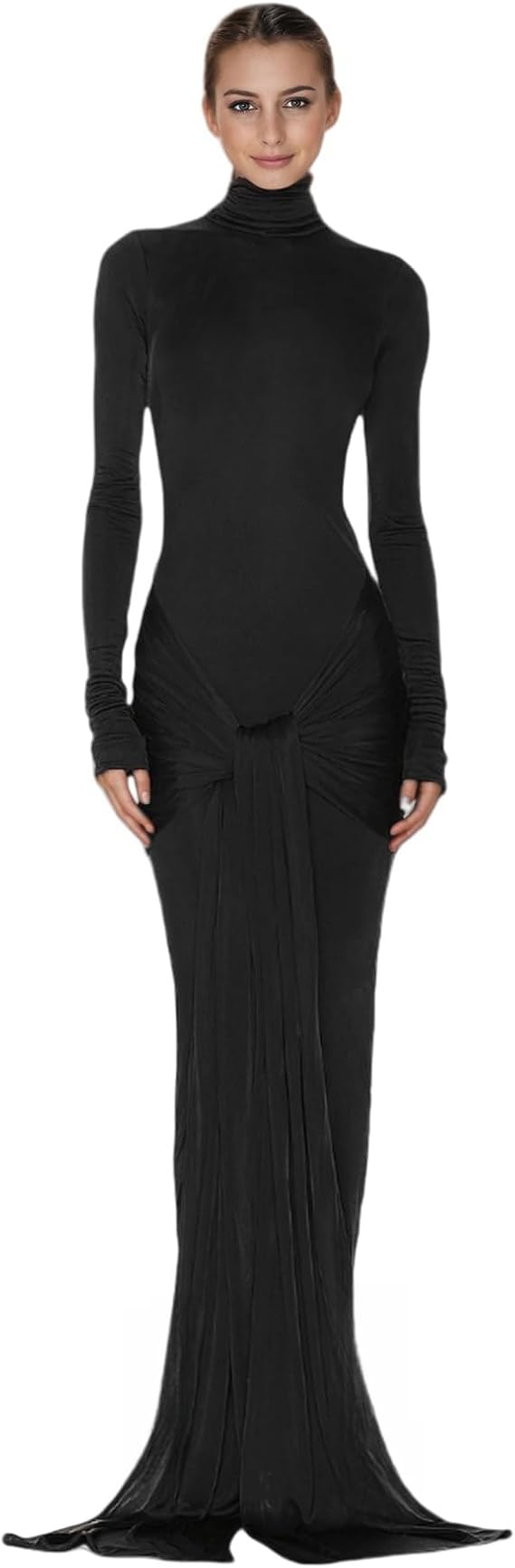 Women's Sexy High Neck Long Sleeve Maxi Dress Elegant Tie Waist Bodycon Long Dress Cocktail Party Dress