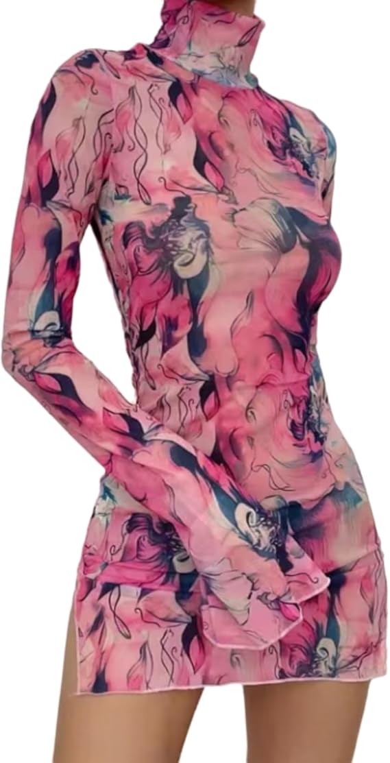 Women’s Floral Tie Dye Sheer Mesh Mini Dress Sexy Mock Neck Split Bodycon Flared Long Sleeve Beach Party Dress
