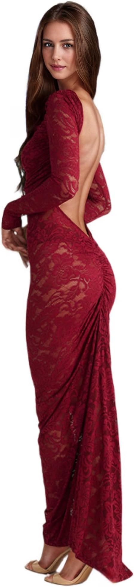 Women's See Through Lace Long Sleeve Maxi Dress Sexy Ruched Backless Bodycon Cocktail Dress Party Evening Gown