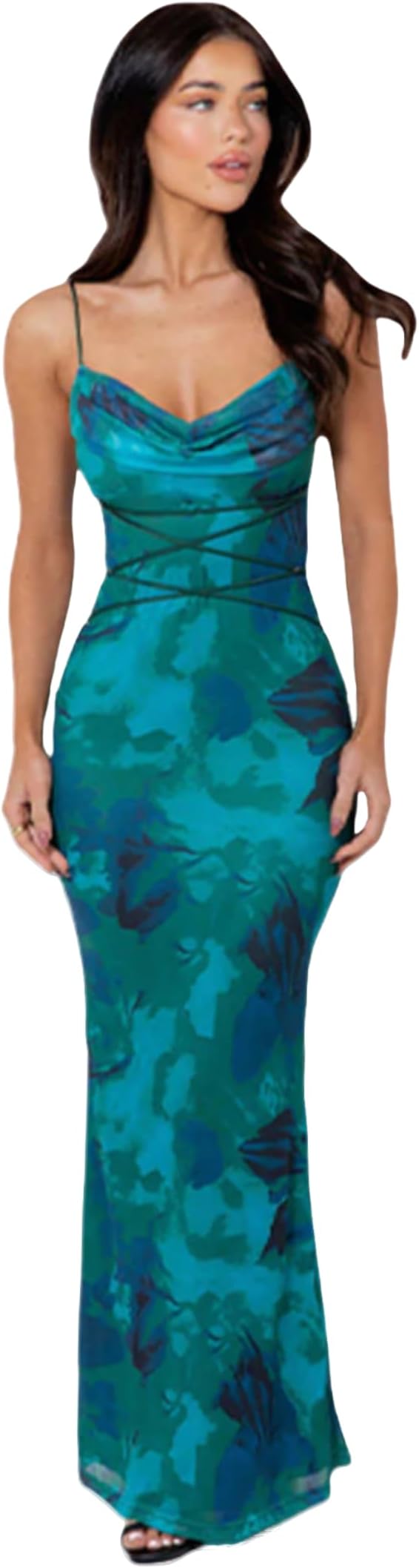 Women's Sleeveless Floral Maxi Dress Wedding Guest Dress Sexy Cowl Neck Lace Up Bodycon Dress Beach Party Dress