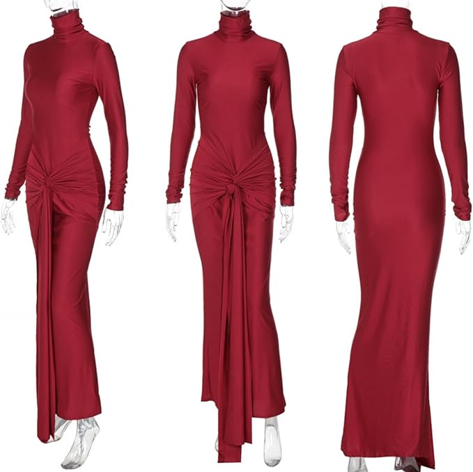 Women's Sexy High Neck Long Sleeve Maxi Dress Elegant Tie Waist Bodycon Long Dress Cocktail Party Dress