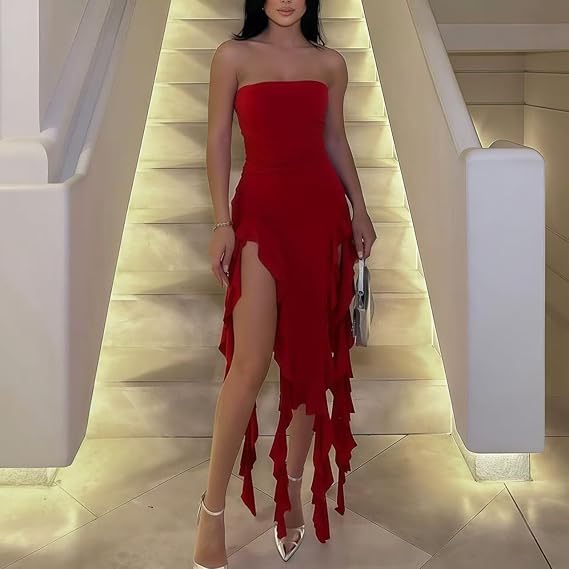 Women Summer Elegant Strapless Tube Midi Bodycon Dresses Irregular Ruffle Tassel Party Dress