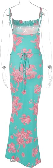 Women's Sleeveless Floral Maxi Dress Wedding Guest Dress Sexy Cowl Neck Lace Up Bodycon Dress Beach Party Dress