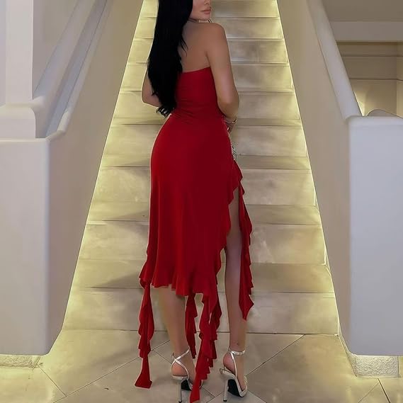 Women Summer Elegant Strapless Tube Midi Bodycon Dresses Irregular Ruffle Tassel Party Dress