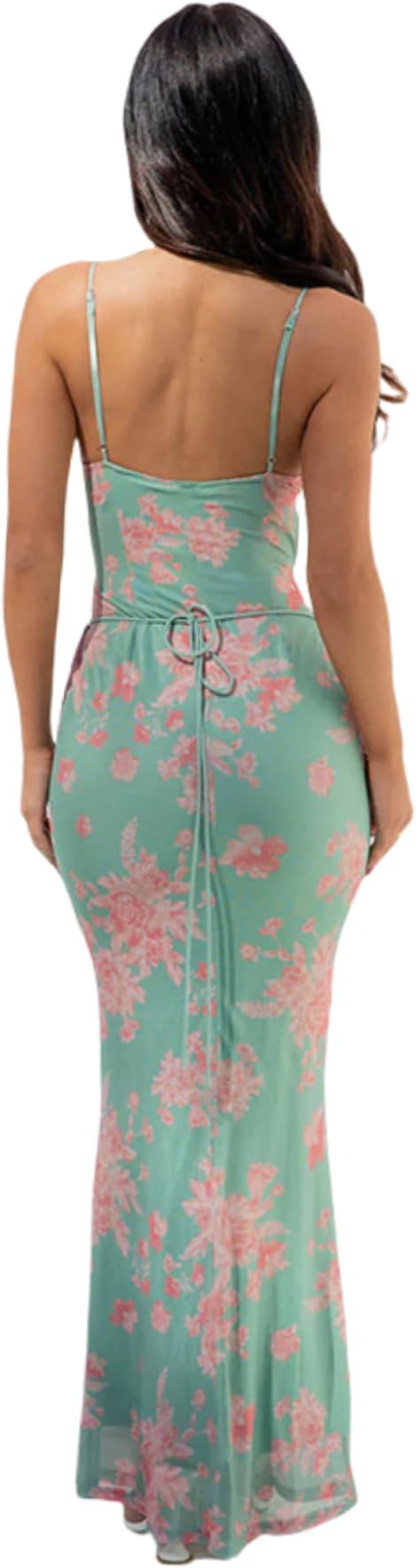 Women's Sleeveless Floral Maxi Dress Wedding Guest Dress Sexy Cowl Neck Lace Up Bodycon Dress Beach Party Dress