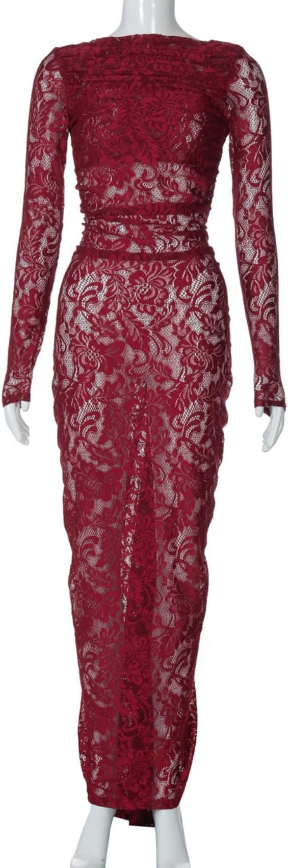 Women's See Through Lace Long Sleeve Maxi Dress Sexy Ruched Backless Bodycon Cocktail Dress Party Evening Gown