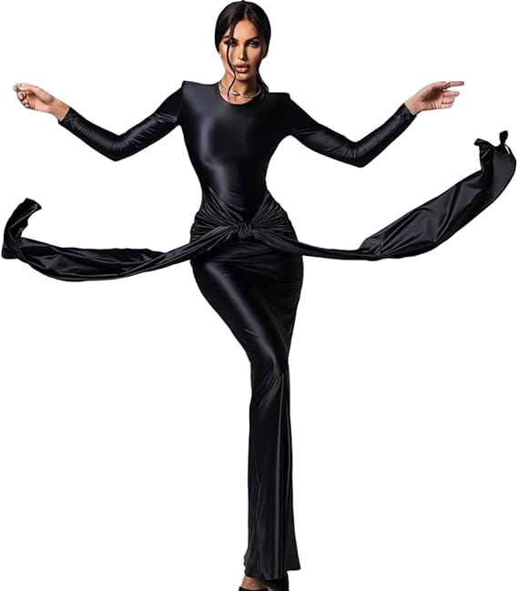 Women's Sexy High Neck Long Sleeve Maxi Dress Elegant Tie Waist Bodycon Long Dress Cocktail Party Dress