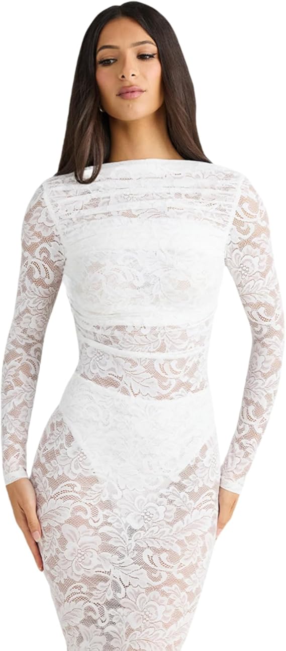 Women's See Through Lace Long Sleeve Maxi Dress Sexy Ruched Backless Bodycon Cocktail Dress Party Evening Gown