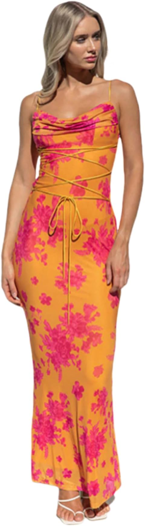 Women's Sleeveless Floral Maxi Dress Wedding Guest Dress Sexy Cowl Neck Lace Up Bodycon Dress Beach Party Dress