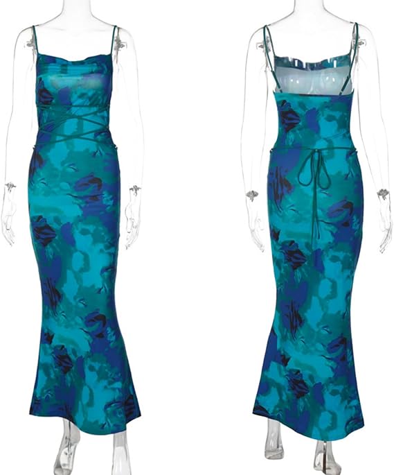 Women's Sleeveless Floral Maxi Dress Wedding Guest Dress Sexy Cowl Neck Lace Up Bodycon Dress Beach Party Dress