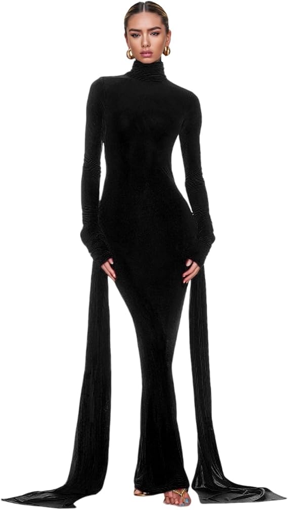 Women's Sexy High Neck Long Sleeve Maxi Dress Elegant Tie Waist Bodycon Long Dress Cocktail Party Dress