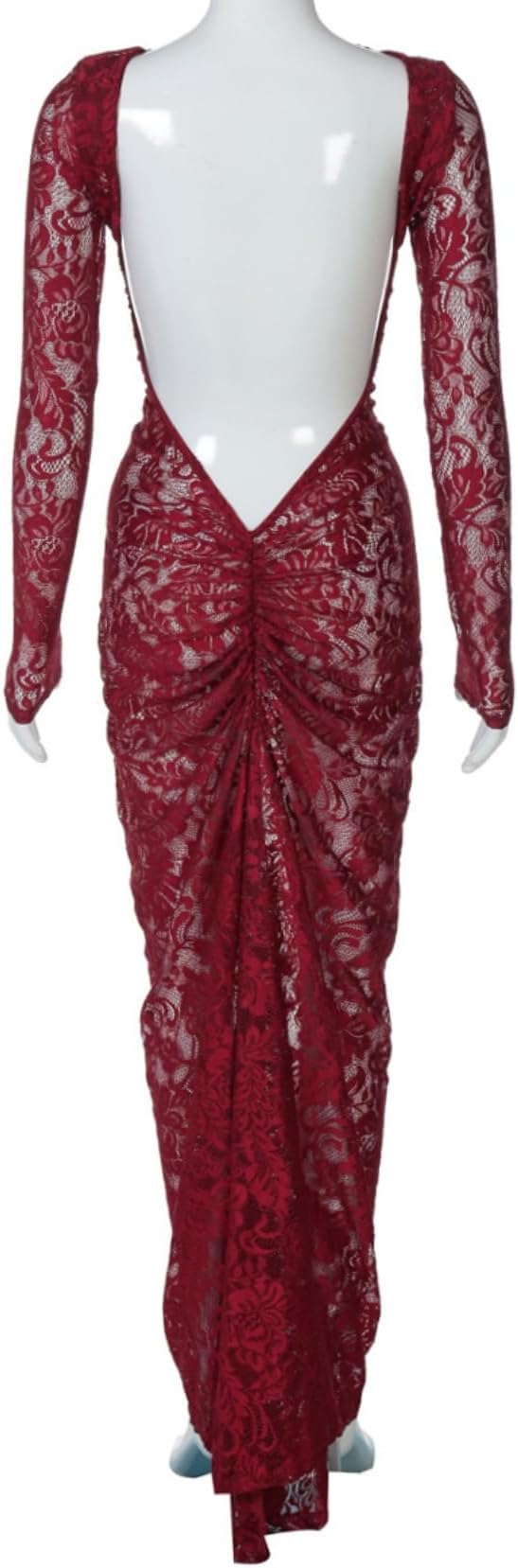 Women's See Through Lace Long Sleeve Maxi Dress Sexy Ruched Backless Bodycon Cocktail Dress Party Evening Gown