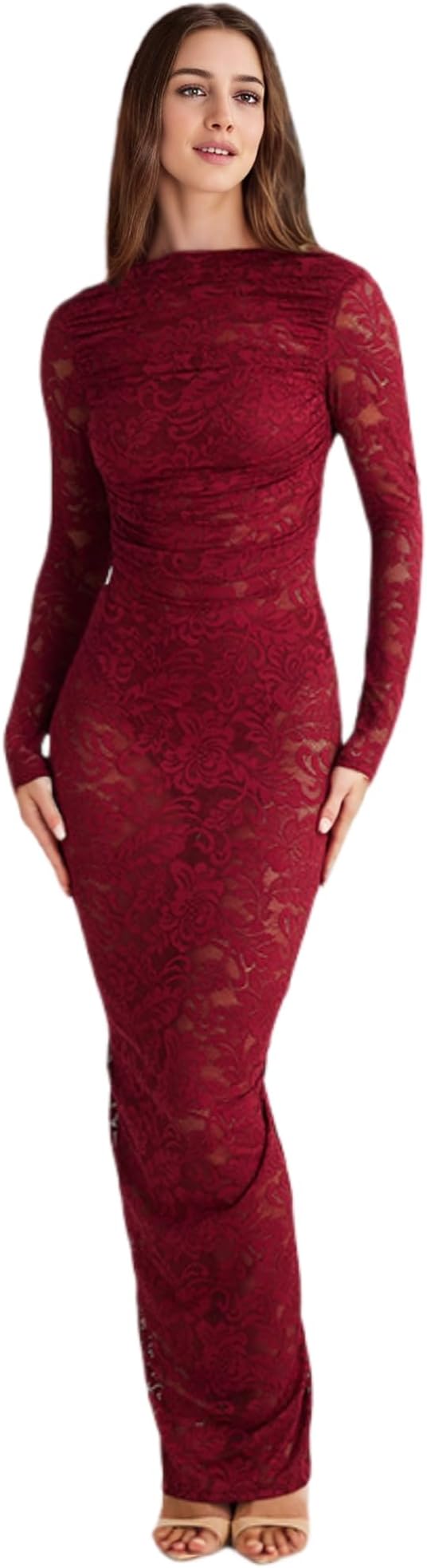 Women's See Through Lace Long Sleeve Maxi Dress Sexy Ruched Backless Bodycon Cocktail Dress Party Evening Gown