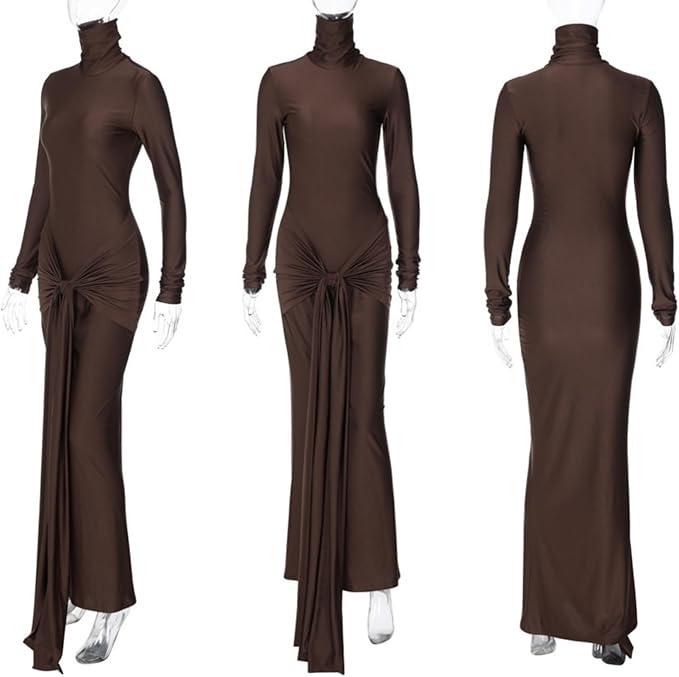 Women's Sexy High Neck Long Sleeve Maxi Dress Elegant Tie Waist Bodycon Long Dress Cocktail Party Dress