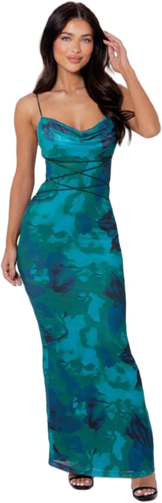 Women's Sleeveless Floral Maxi Dress Wedding Guest Dress Sexy Cowl Neck Lace Up Bodycon Dress Beach Party Dress