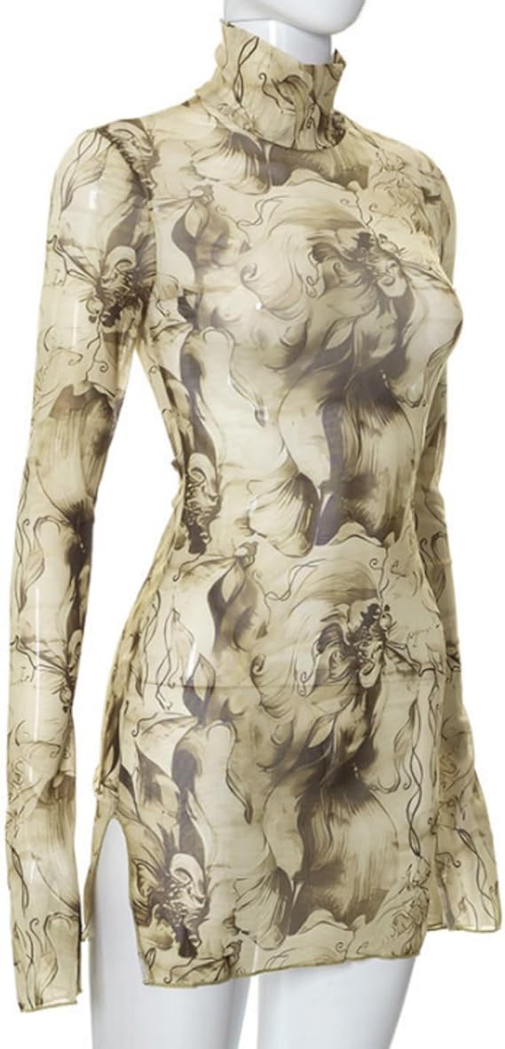Women’s Floral Tie Dye Sheer Mesh Mini Dress Sexy Mock Neck Split Bodycon Flared Long Sleeve Beach Party Dress