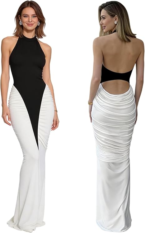 Women’s Sexy Front Slit Backless Maxi Dress Elegant Contrast Color Ruched Evening Gown Draped Formal Dresses