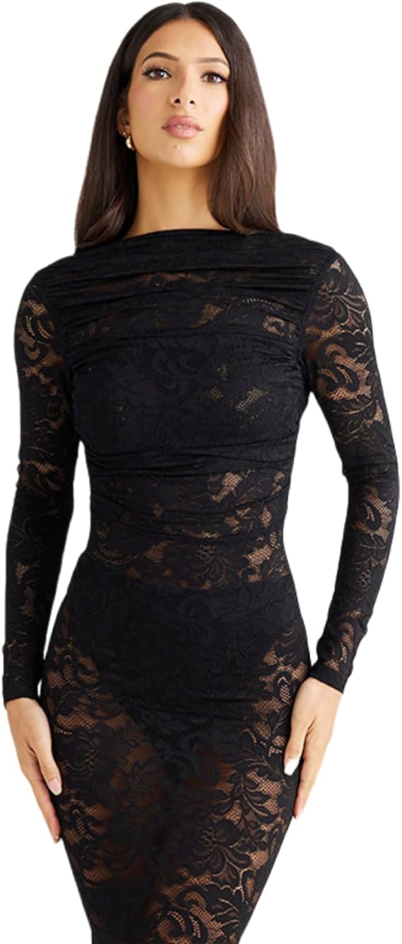 Women's See Through Lace Long Sleeve Maxi Dress Sexy Ruched Backless Bodycon Cocktail Dress Party Evening Gown
