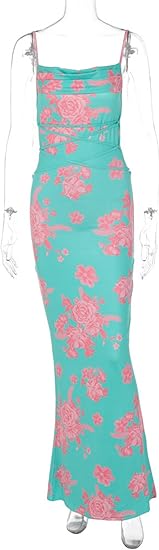 Women's Sleeveless Floral Maxi Dress Wedding Guest Dress Sexy Cowl Neck Lace Up Bodycon Dress Beach Party Dress