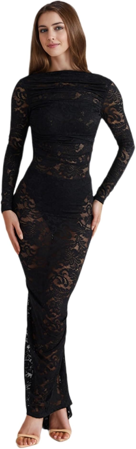 Women's See Through Lace Long Sleeve Maxi Dress Sexy Ruched Backless Bodycon Cocktail Dress Party Evening Gown