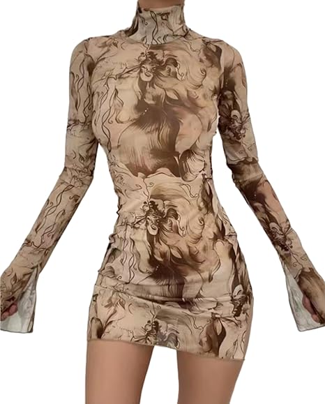 Women’s Floral Tie Dye Sheer Mesh Mini Dress Sexy Mock Neck Split Bodycon Flared Long Sleeve Beach Party Dress