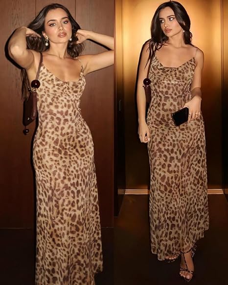 Women's Sexy Sleeveless Tulle Leopard Print Maxi Dress - Elegant Spaghetti Strap Backless Party Dress