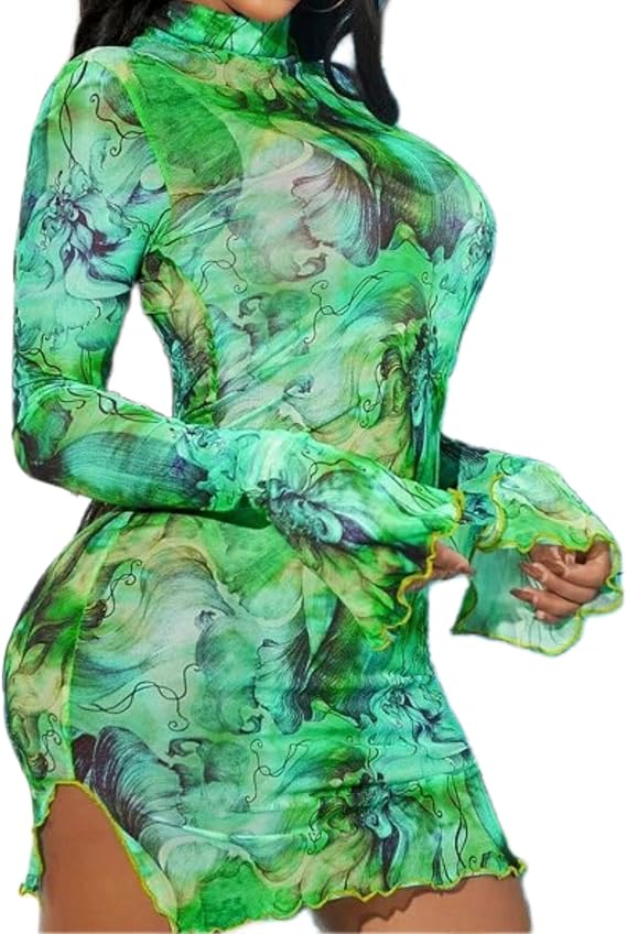 Women’s Floral Tie Dye Sheer Mesh Mini Dress Sexy Mock Neck Split Bodycon Flared Long Sleeve Beach Party Dress