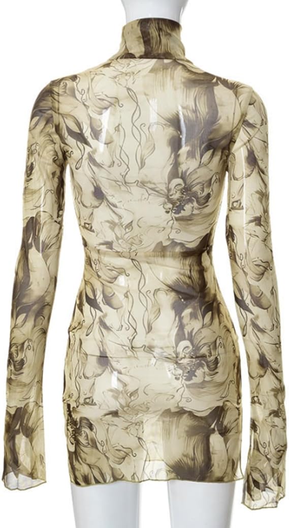 Women’s Floral Tie Dye Sheer Mesh Mini Dress Sexy Mock Neck Split Bodycon Flared Long Sleeve Beach Party Dress
