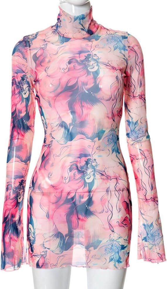 Women’s Floral Tie Dye Sheer Mesh Mini Dress Sexy Mock Neck Split Bodycon Flared Long Sleeve Beach Party Dress