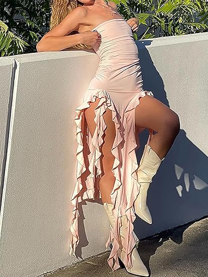 Women Summer Elegant Strapless Tube Midi Bodycon Dresses Irregular Ruffle Tassel Party Dress