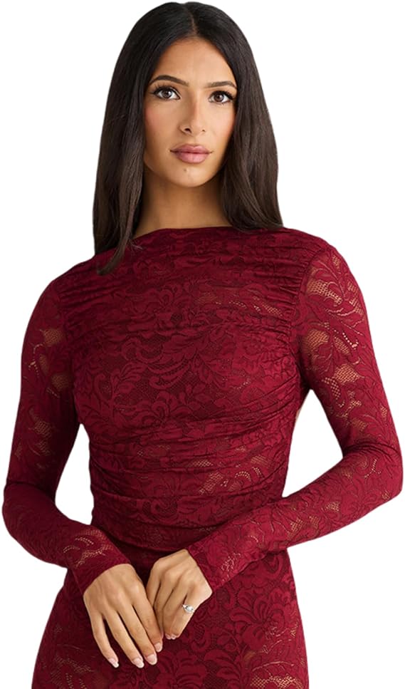 Women's See Through Lace Long Sleeve Maxi Dress Sexy Ruched Backless Bodycon Cocktail Dress Party Evening Gown