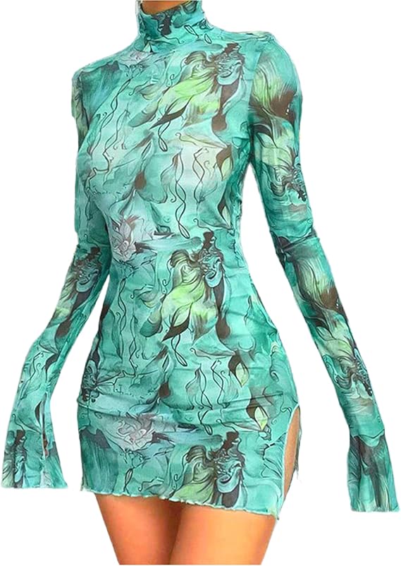 Women’s Floral Tie Dye Sheer Mesh Mini Dress Sexy Mock Neck Split Bodycon Flared Long Sleeve Beach Party Dress