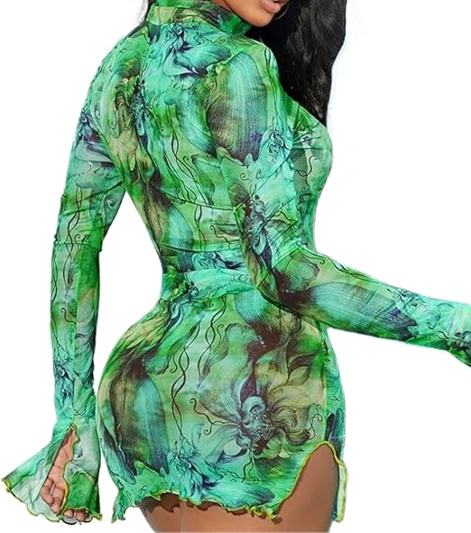 Women’s Floral Tie Dye Sheer Mesh Mini Dress Sexy Mock Neck Split Bodycon Flared Long Sleeve Beach Party Dress