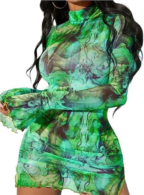 Women’s Floral Tie Dye Sheer Mesh Mini Dress Sexy Mock Neck Split Bodycon Flared Long Sleeve Beach Party Dress