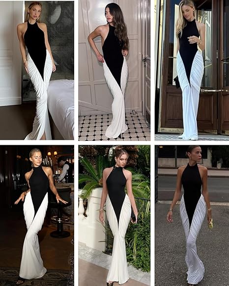 Women’s Sexy Front Slit Backless Maxi Dress Elegant Contrast Color Ruched Evening Gown Draped Formal Dresses