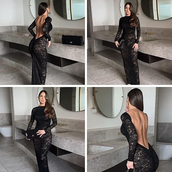 Women's See Through Lace Long Sleeve Maxi Dress Sexy Ruched Backless Bodycon Cocktail Dress Party Evening Gown