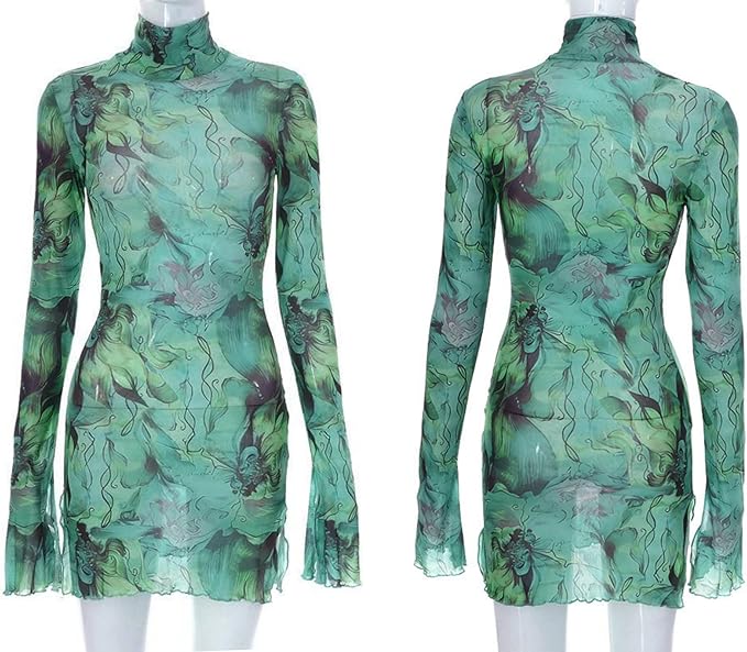 Women’s Floral Tie Dye Sheer Mesh Mini Dress Sexy Mock Neck Split Bodycon Flared Long Sleeve Beach Party Dress