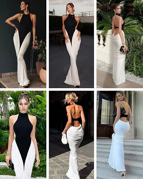 Women’s Sexy Front Slit Backless Maxi Dress Elegant Contrast Color Ruched Evening Gown Draped Formal Dresses