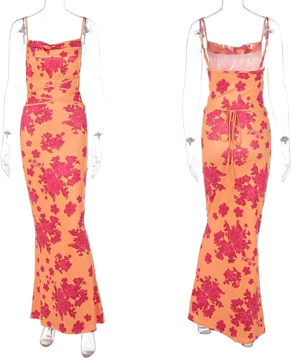 Women's Sleeveless Floral Maxi Dress Wedding Guest Dress Sexy Cowl Neck Lace Up Bodycon Dress Beach Party Dress