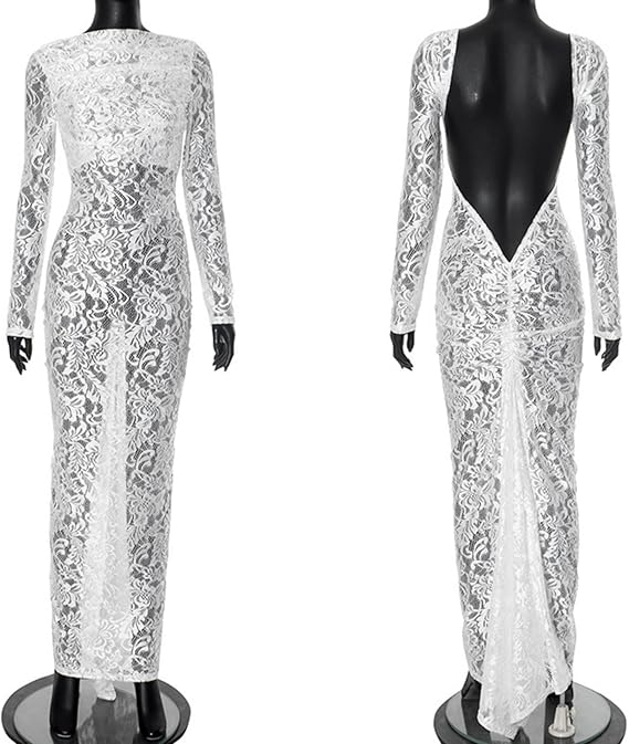Women's See Through Lace Long Sleeve Maxi Dress Sexy Ruched Backless Bodycon Cocktail Dress Party Evening Gown
