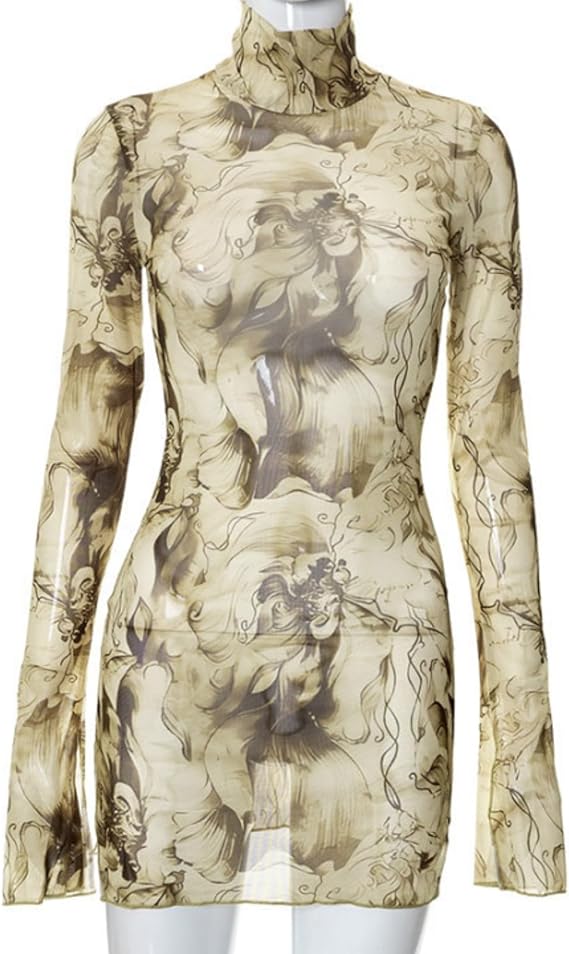 Women’s Floral Tie Dye Sheer Mesh Mini Dress Sexy Mock Neck Split Bodycon Flared Long Sleeve Beach Party Dress